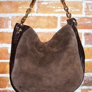 Vintage Brown Suede and Faux Alligator Shoulder Bag